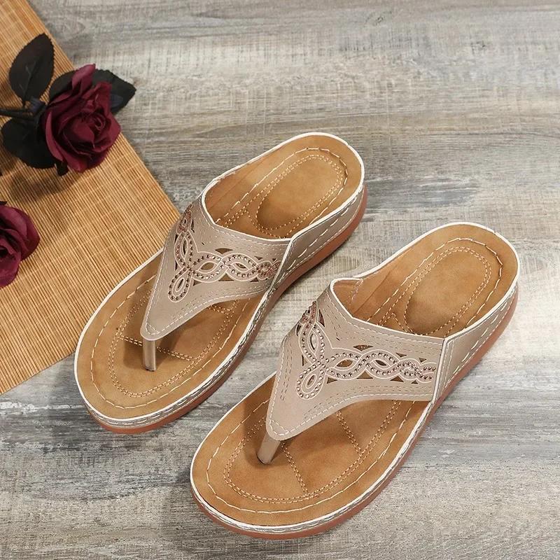 Мода 2024 года, новые женские сандалии на толстой подошве, однотонные, пляжные, повседневные, на танкетке, шлепанцы, ортопедические, с открытым носком, нескользящие, для отдыха на природе