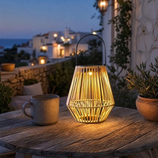Nostalgie Rattan Woven Solar Lantern, Outdoor Faux Light, Rustic Waterproof Powered Hanging Lantern for Garden Balcony Patio Porch Decor
