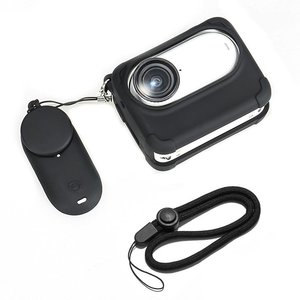 Силиконовый защитный комплект для Insta360 GO 3S включает в себя чехол для камеры, шейный ремешок, страховочный трос и крышку объектива