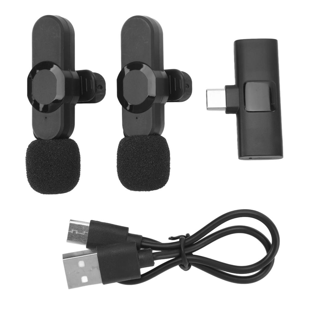 2PCS Wireless Lavalier Lapel Microphones 2.4GHz Noise Reduction Mini Clip On Wireless Mic for Android Recording Live
