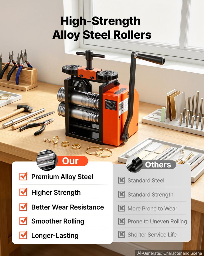 VEVOR Rolling Mill 3-in-1 Round Flat Square Pressing Roller Mill Machine, Manual Jewelry DIY Tool, 0.03-7 mm Adjustable Thickness