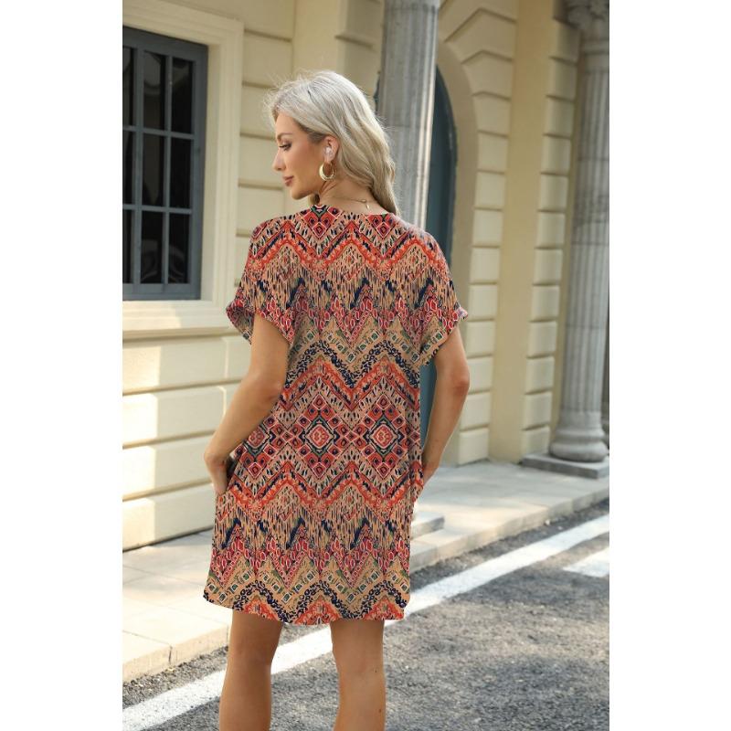 YYFS Женская мода лето весна цветочный узор принт короткий рукав О-образный вырез свободная талия повседневные платья