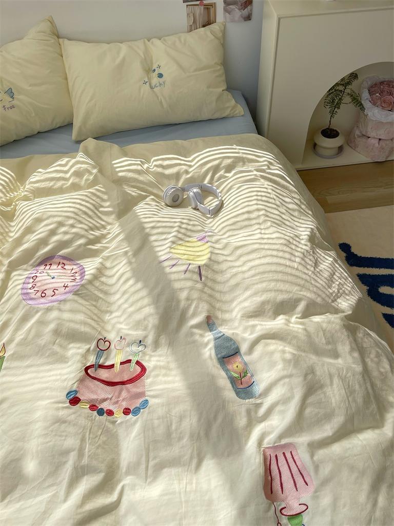 Стираный хлопок с вышивкой «девчачье сердце» из чистого хлопка, комплект из четырех предметов из стираного хлопка, простыня из чистого хлопка, пододеяльник