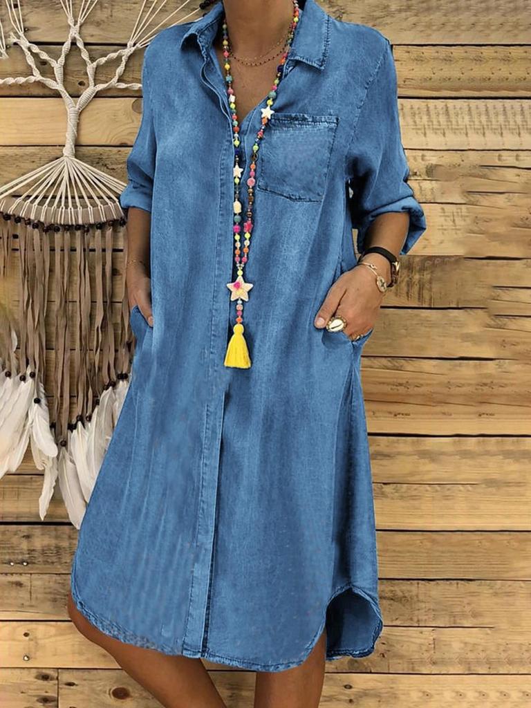2023 Women's Large Size Solid Color Denim Dress - Casual Style