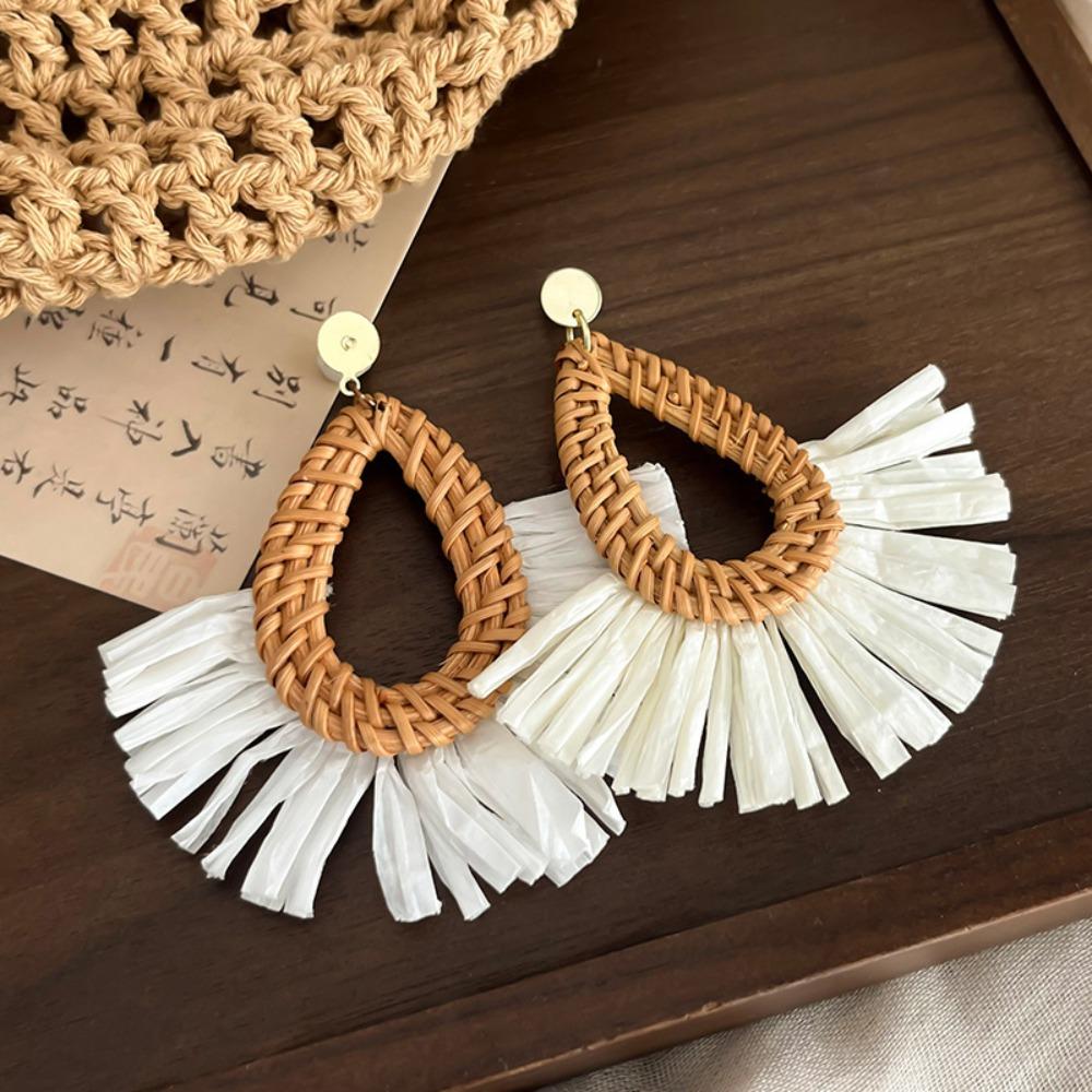 Round Rattan Weave Earrings Flower Beach Jewelry Cute Bohemian Drop Earrings Wedding