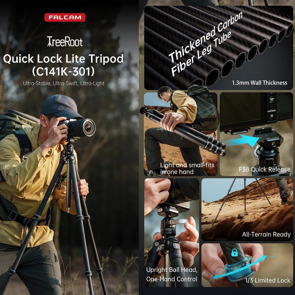 FALCAM TreeRoot QuickLock Lite Штатив из углеродного волокна с шаровой головкой и компактный штатив для путешествий с вертикальной нагрузкой 40 кг, толстые ножки для камер, головка,