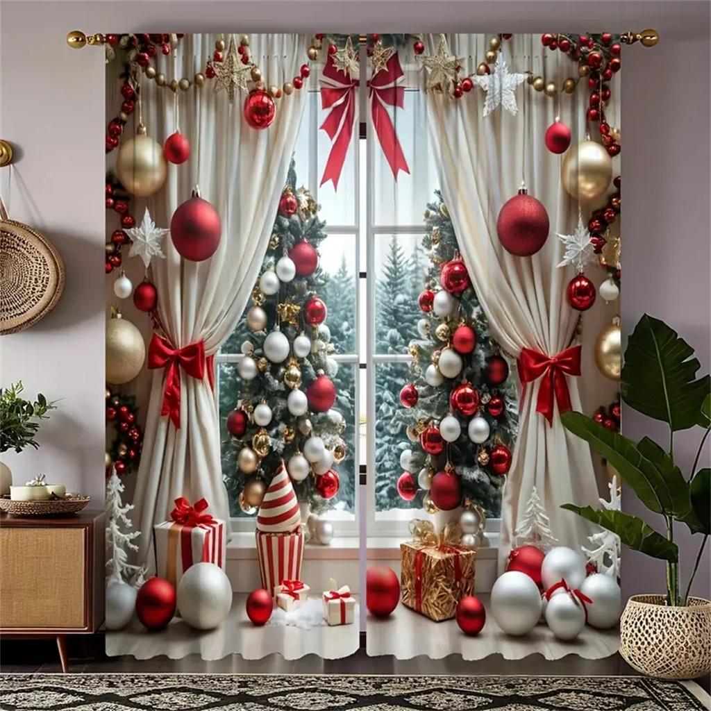 2Pcs Christmas Present Luxurious Christmas Decoration Curtains Festive Digital Print Holiday Decor Living Room Bedroom Kitchen