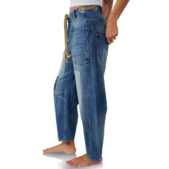 Women's Wide Leg Barrel Jeans Low Rise Drawstring Denim Ankle Pants Elastic