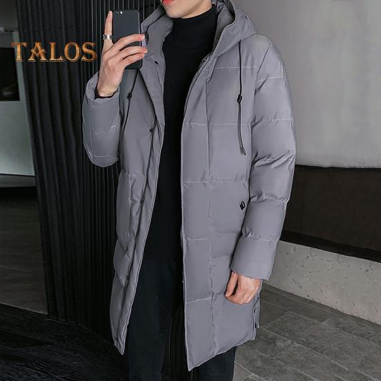 Men Cotton Coat Hooded Drawstring Long Sleeve Full Zipper Closure Cotton Jacket with Side Pockets Solid Color Mid-length Winter Outwear