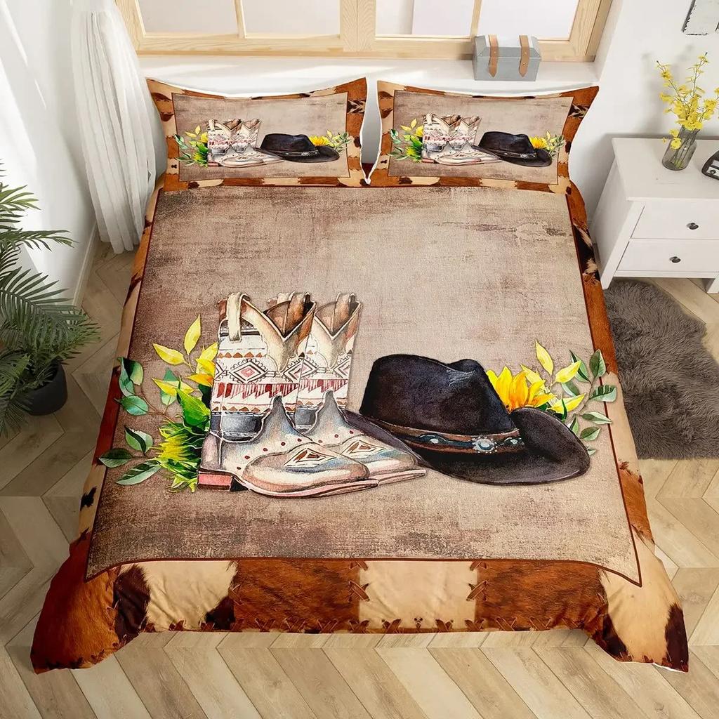 Пододеяльник в стиле вестерн-ковбой, комплект постельного белья Twin King Cowboy Boots Hat Floral Exotic Farmhouse Cowboys Patchwork