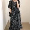 Women's Retro Floral Loose Slimming Black Crew Neck Short Sleeve Long Dress