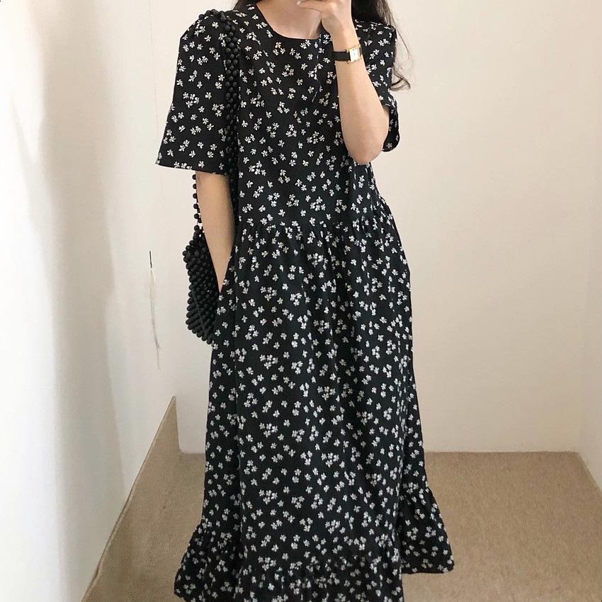 Women's Retro Floral Loose Slimming Black Crew Neck Short Sleeve Long Dress