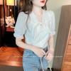 Women White Bow Neck Puff Sleeve Button Down Textured Casual Blouse
