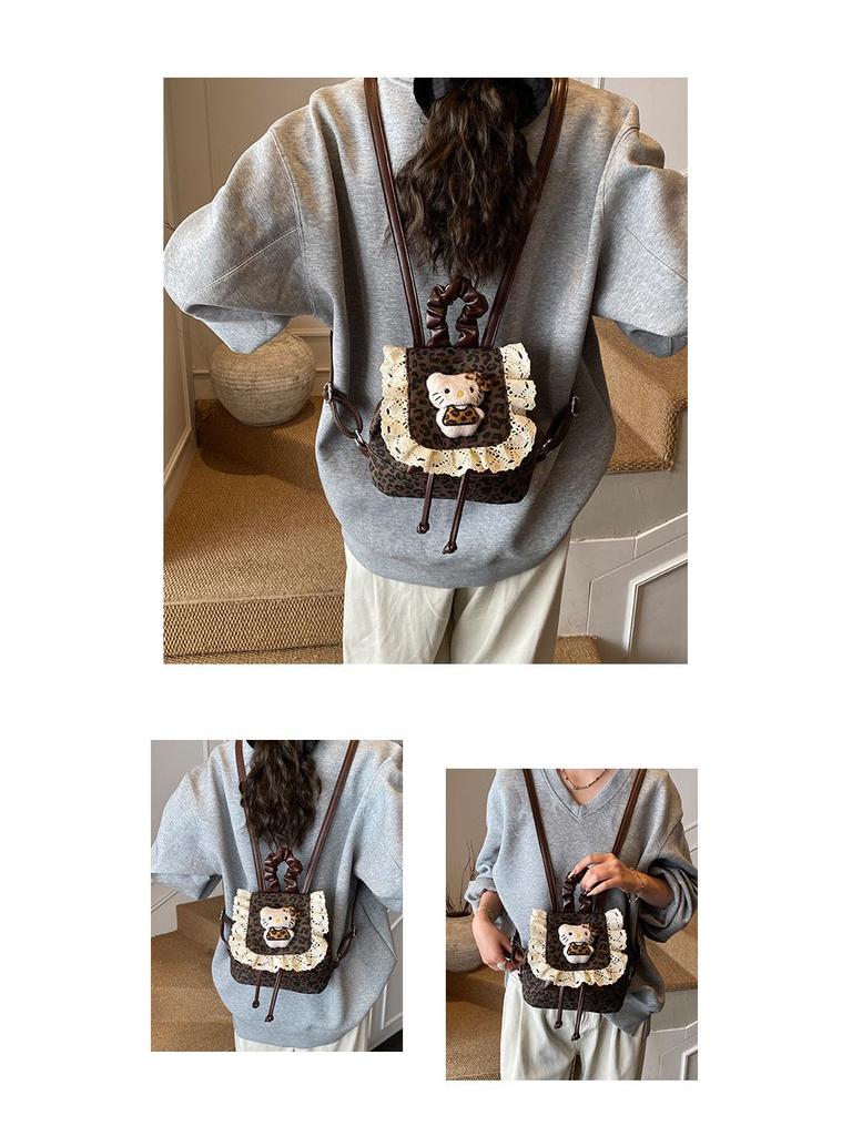 Korean Ruffle Lace Retro Leopard Print Girls' Kitten Backpack - Cute and Versatile Cartoon-Style Design