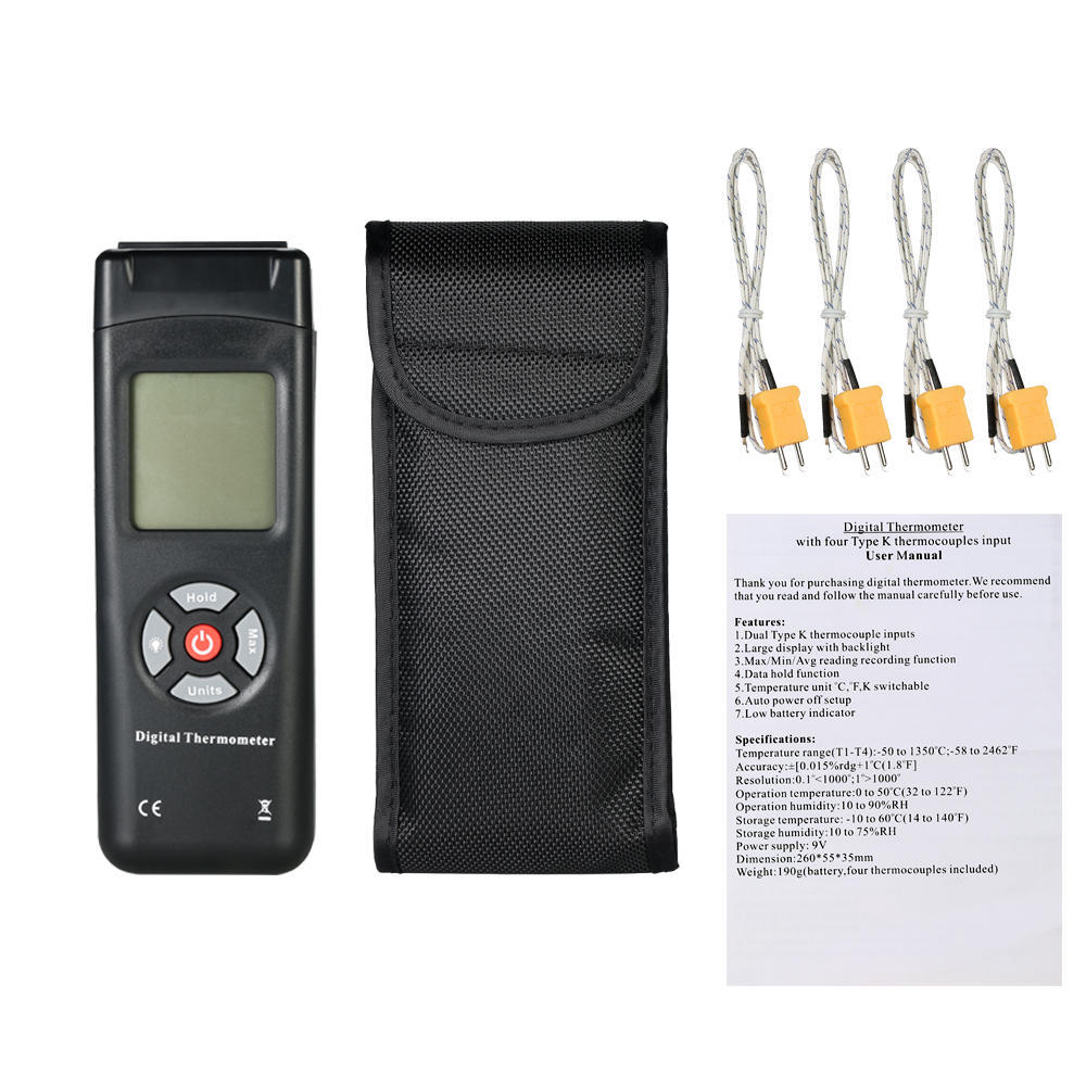 4-канальный цифровой ЖК-термометр K-типа, датчик термопары -50 ~ 1350 °C/-58 ~ 2462 °F, функция удержания данных