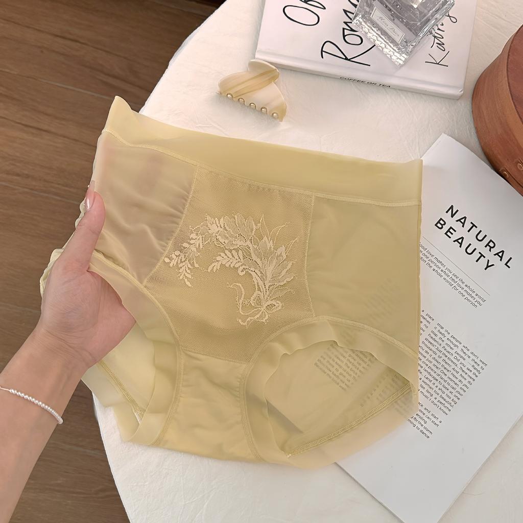 Antibacterial Ice Silk Seamless Women's Underwear High Waisted Jacquard Lace Breathable Plus Size Silk Antibacterial Crotch Triangle Pants