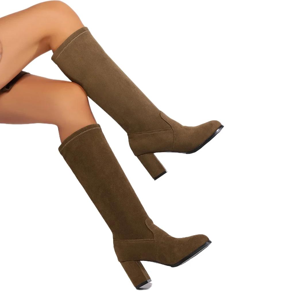 Women's High Heel Knee High Boots Retro Pointed Toe Chunky Heel Thigh High Boots for Women Heeled Shoes Dress Women's Long Boots