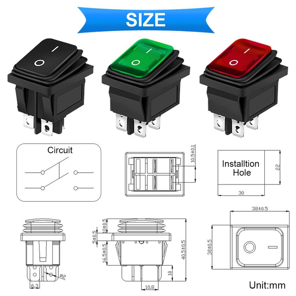 5 шт. клавишный переключатель переменного тока 16A/250V 20A/125V DPST вкл/выкл водонепроницаемая мини-кнопка 5 цветов (Черный/Красный/Зеленый/Желтый/Синий) 4 штифта 2 положения