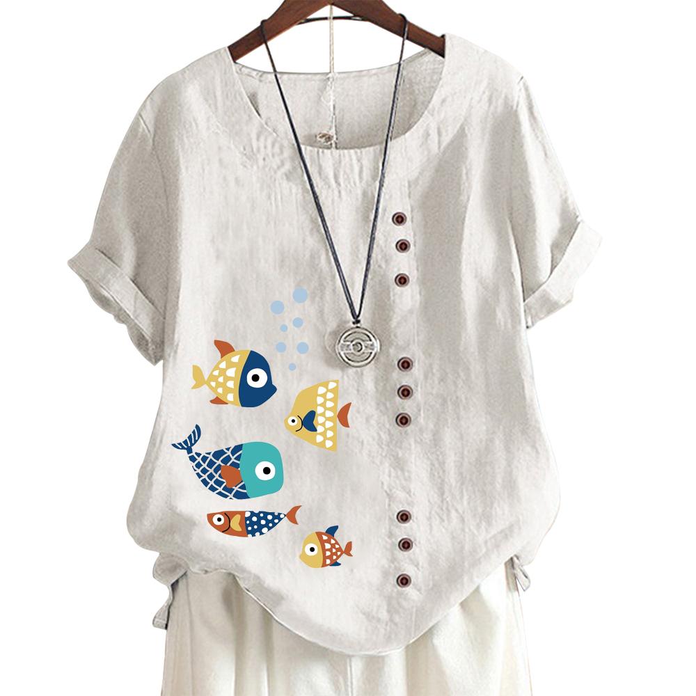 Женская удобная повседневная футболка из хлопка и льна с животным и цветочным принтом, круглым вырезом и короткими рукавами, украшение на пуговицах, S-5XL