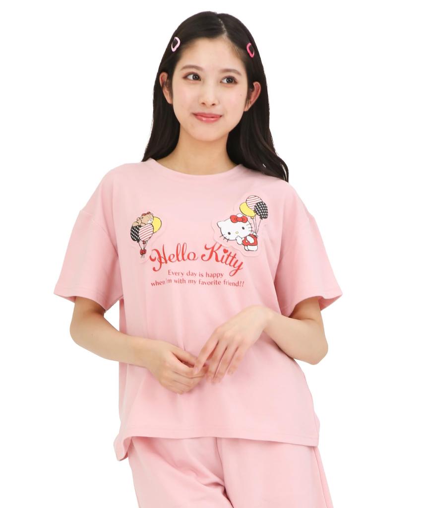 Hello Kitty Room Wear Мини-флисовый комплект из брюк и верха с U-образным вырезом и короткими рукавами, пижама Sanrio [SAZAC] для женщин (Розовый/L/SAN1916)