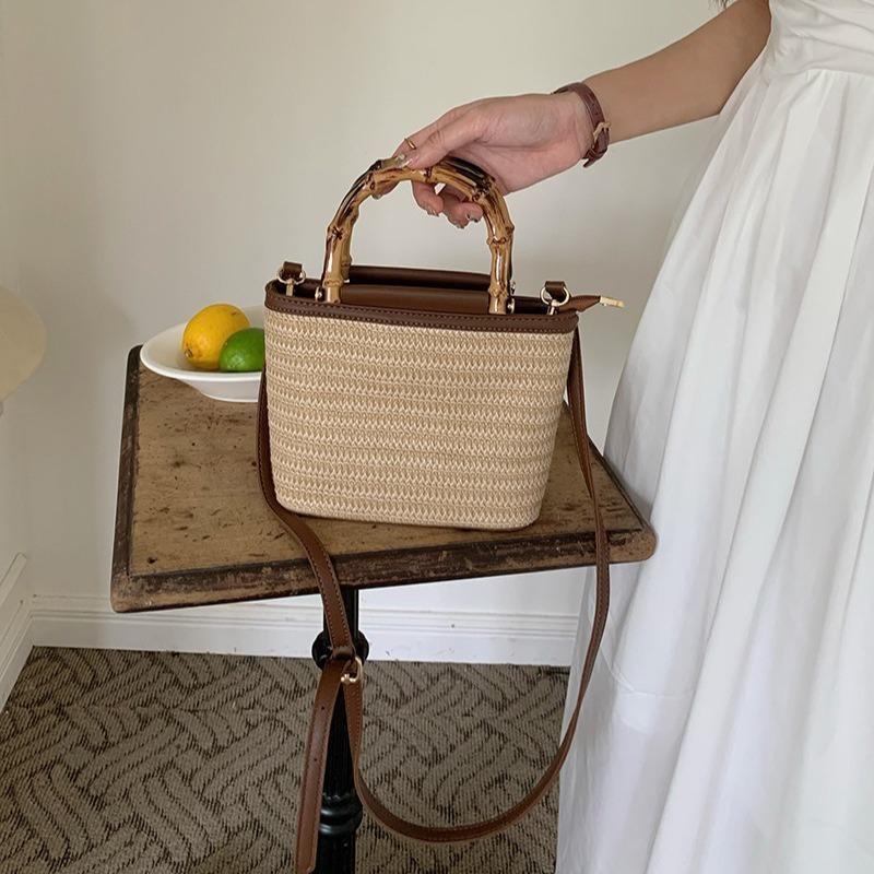 High-End Bamboo Handheld Straw Bag for Women, Niche Versatile Crossbody Woven Bucket Bag, Summer Casual Woven Bag