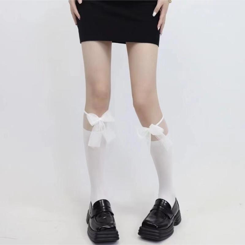 Белые кружевные чулки Jk с пэчворком средней длины, детские весенне-летние тонкие белые чулки с бантом, носки Лолита для теленка