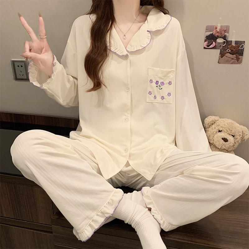 Весенне-осенний женский пижамный комплект с цветочным принтом премиум-класса для дома и девочки, милое кружевное домашнее платье с длинными рукавами