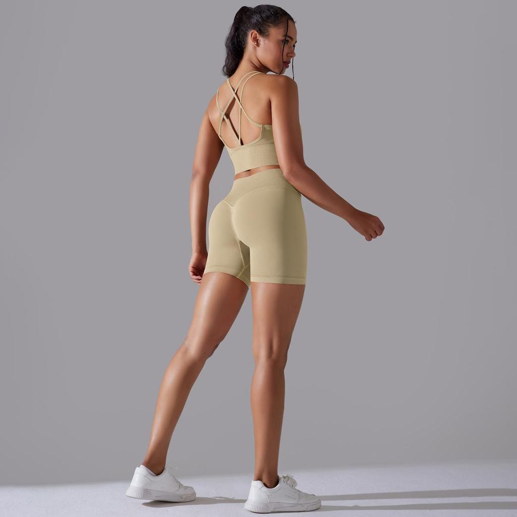 Бесшовный вязаный однотонный спортивный костюм с высокой эластичностью на спине для йоги и бега, комплект из двух предметов