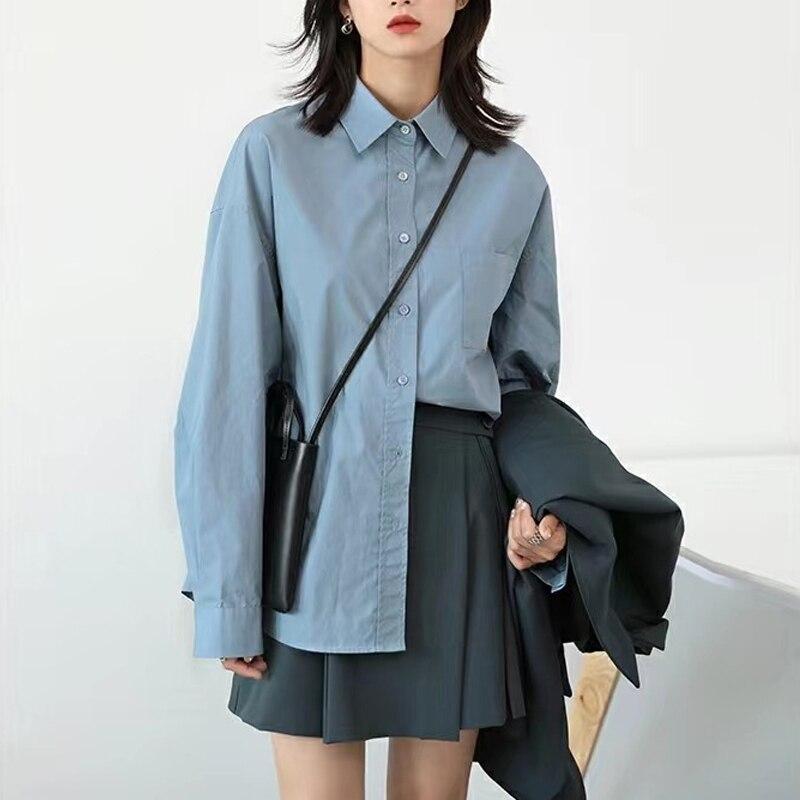 Casual Loose Solid Color Shirt Blouse Fashion Bf Style Shirt With Pocket Spring And Autumn Long Sleeve Clothes Blusas 28475
