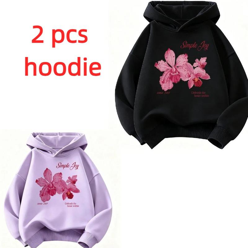 Fashion Pink Orchid Kids Hoodie Floral Graphic Sweatshirt with “Simple Joy” Slogan for Boys and Girl's