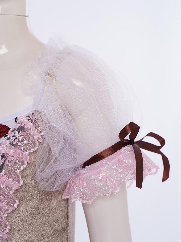 Girls Puff Sleeve Layered Tutu Dress Lace Trim Velvet Bodice Lace Up Back Ballet Costume