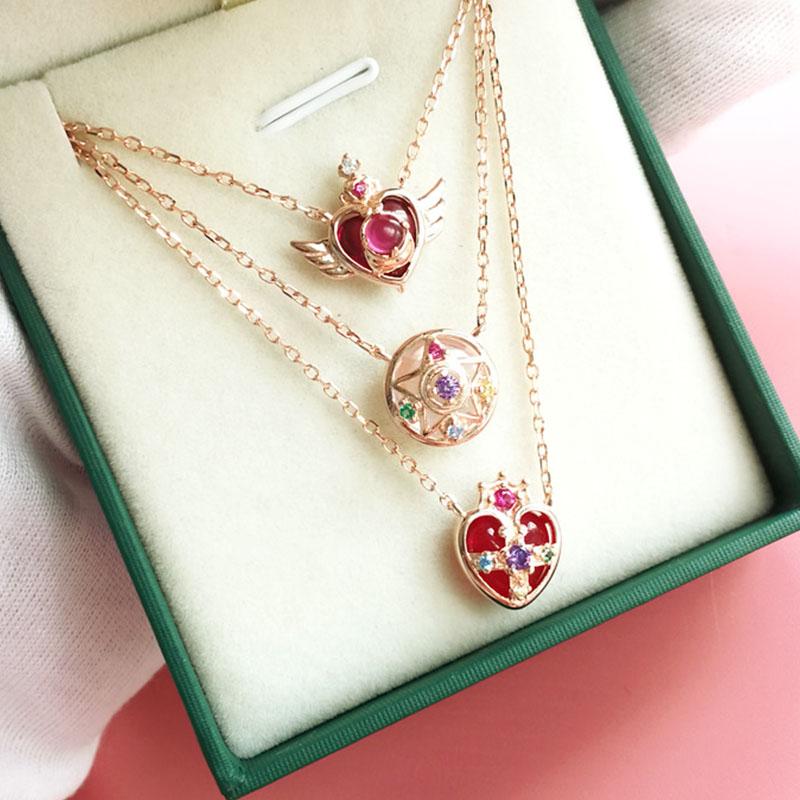 Аниме 925 пробы серебро кристалл звезда компактный кулон в форме сердца женский свитер ожерелье поклонники моряка реквизит для косплея ювелирные изделия подарок для девочек