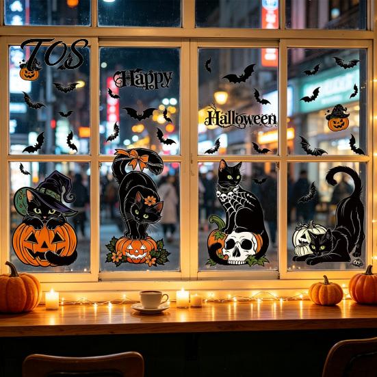 Static Cling Decal 4 Sheets Halloween Black Cat Window Clings, Spooky Pumpkin Reusable Glue Free Sticker Sticker, Double Sided Decals for Glass