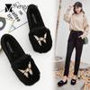 Fashion Crystal Metal Butterfly Cotton Shoes Women Shallow Round Toe Loafers Comfy Slip On Moccasins Fluffy Soft Soled Ballerina Flats