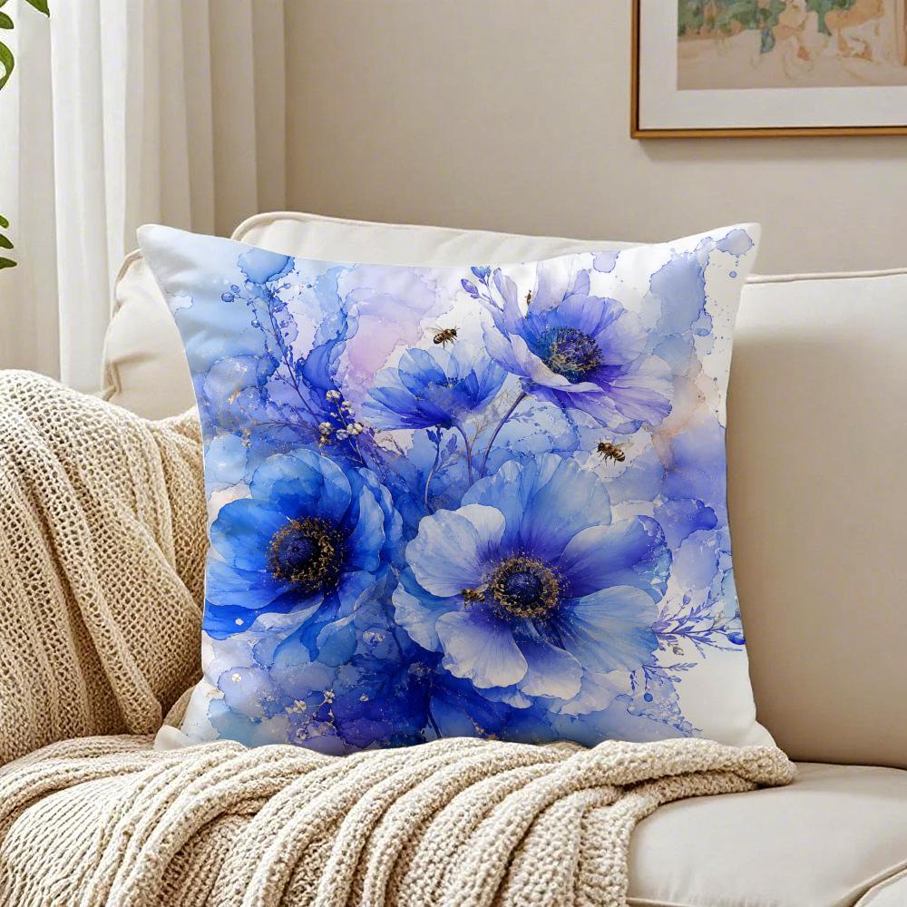 Watercolor Flowers And Bees Pattern Pillow Case Organic Short Plush Cushion Covers Breathable Washable WrinkleResistant