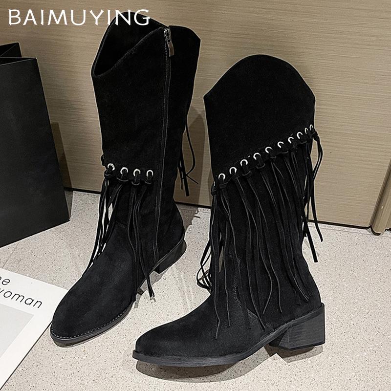 Suede Women High Boots Tassels Fashion Chunky Shoes Knee High Snow Chelsea Botas Winter New Trend Woman Designer Zapatos