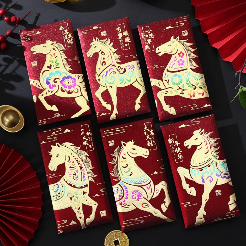 6Pcs Gold Foil Design New Year Red Packets Lucky 2026 Luck Money Bag Red Envelopes  Spring Festival