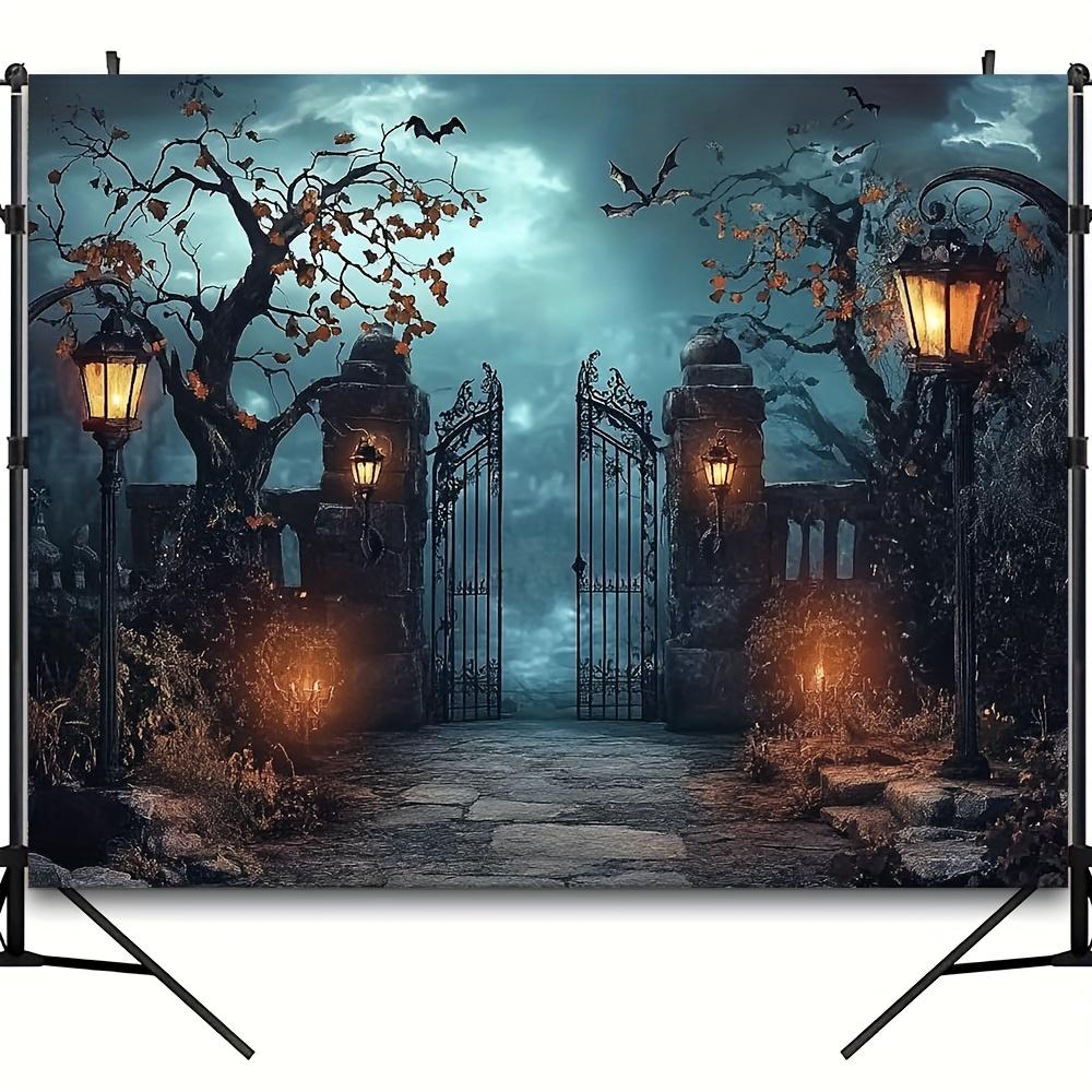 1 terrifying iron gate background - Moonlight sky and illuminated portal polymer photo background Halloween decoration