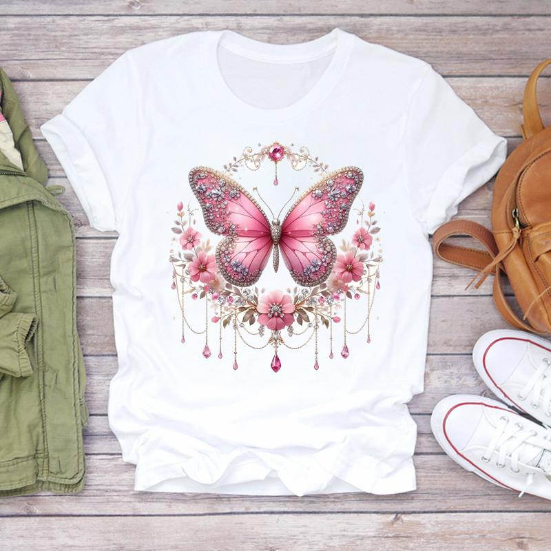 (Asian Size) Print Lady T Shirt Fashion Love Sweet Flower Cute Women Clothing Casual Top Short Sleeve Tee Female Graphic T-shirts
