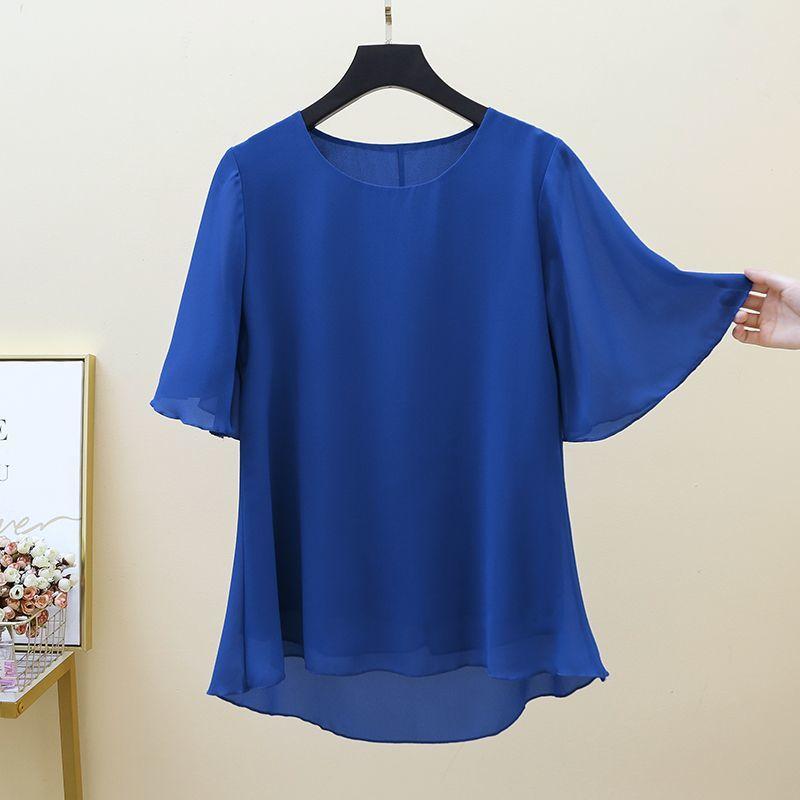 Блузка шифоновая женская большого размера с коротким рукавом, летний свободный топ, с круглым вырезом, базовая футболка для мамы