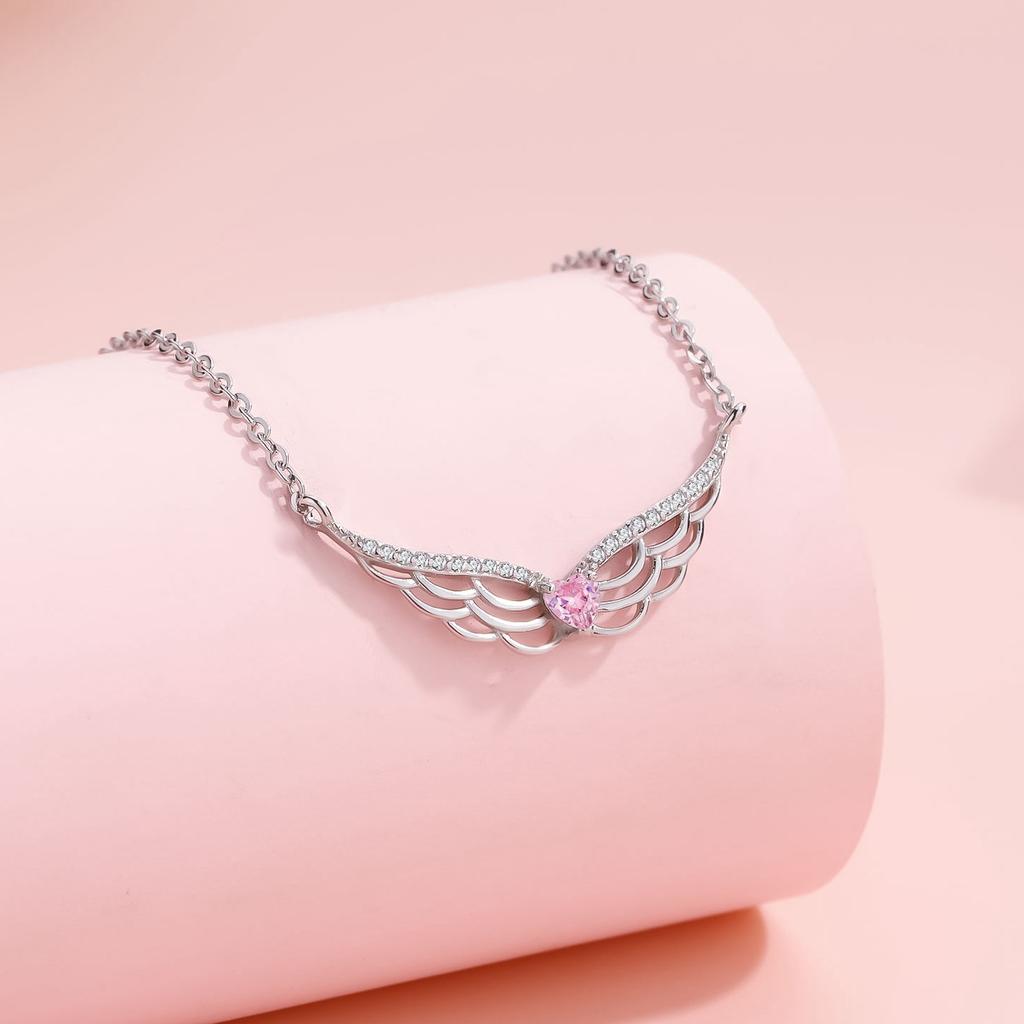 Ожерелье с крыльями любви из серебра 925 пробы для женщин, цепочка с розовыми бриллиантами и персиковым сердцем, цепочка с ключицами и крыльями ангела