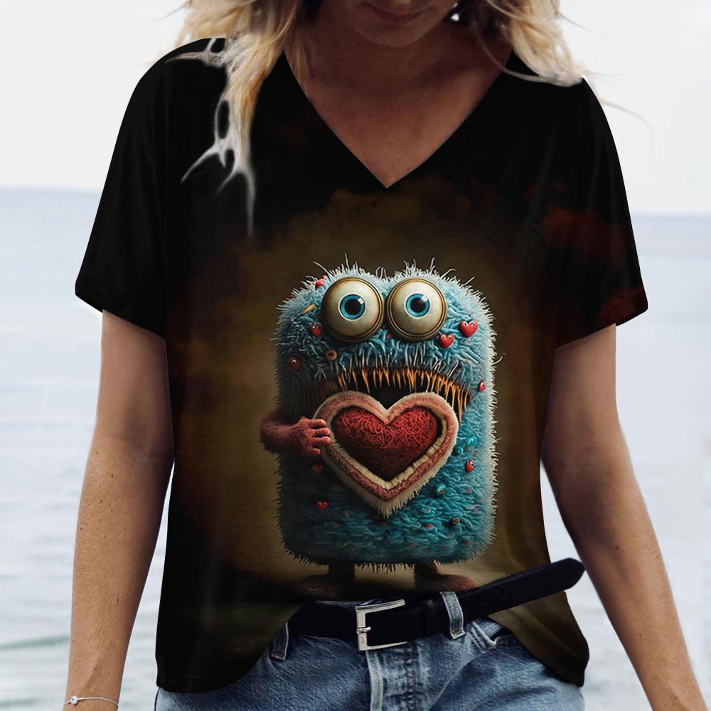 Funny 3D Doll Print Women's T-Shirts Summer Daily Casual Female Clothing Fashion V-neck Short Sleeve Tee Street Girls Loose Tops