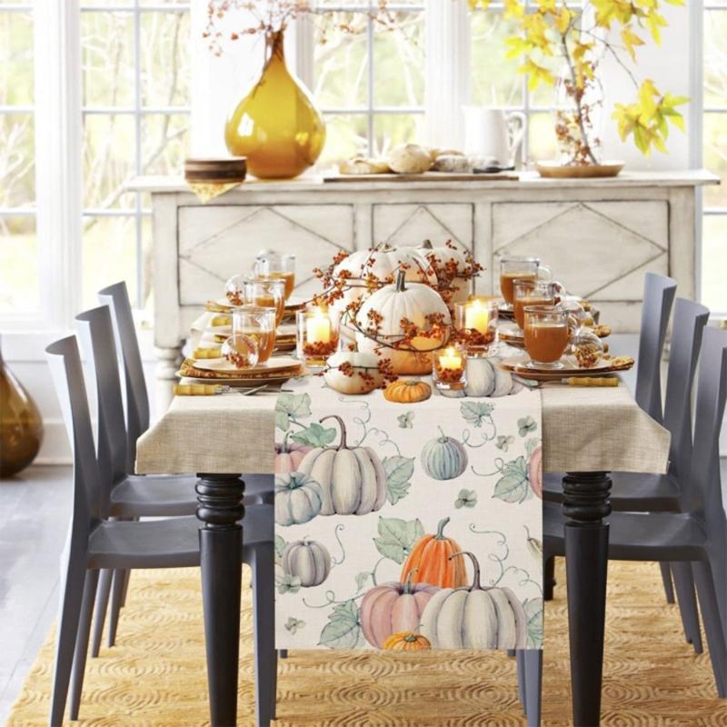 Festive Table Runner Fall Thanksgiving Pumpkin Leavest Table Runners Table Cloth for Holiday Decoration