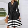 Женское модное повседневное миди-платье с V-образным вырезом, длинным рукавом, полосатым принтом на талии
