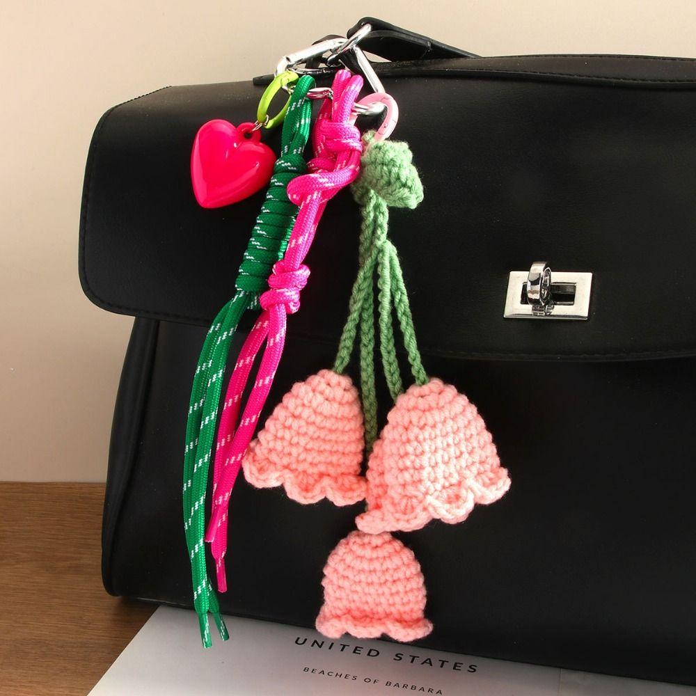 Woven Flower Strawberry Bag Pendant Braided Rope Fruit Keychain Lovely PU Leather Pendant Women