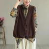 Spring and Autumn Cotton Thread Vest V-neck Loose Waist Artistic Retro Buckle Chinese Style Knitted Vest for Women