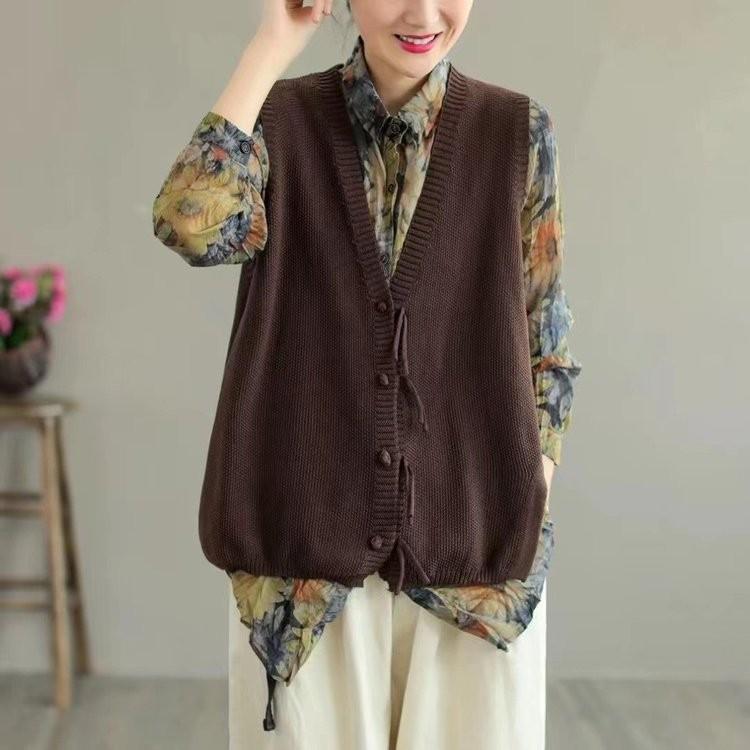 Spring and Autumn Cotton Thread Vest V-neck Loose Waist Artistic Retro Buckle Chinese Style Knitted Vest for Women