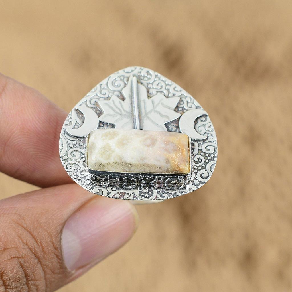 Natural Fossil Coral Promise Cresent Moon Adjustable Ring 925 Silver For Women