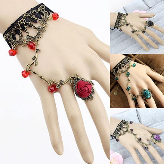 Retro Gothic Women Lace Flower Hand Slave Harness Bracelet Chain Ring Jewelry