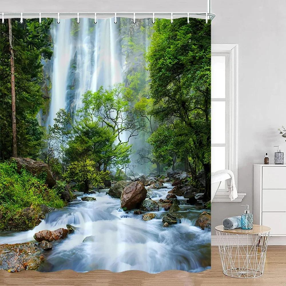 Tropical Rainforest Shower Curtains Forest Plants Rustic Nature Scenery Bath Curtain Garden Wall Hanging Bathroom Decor Hooks